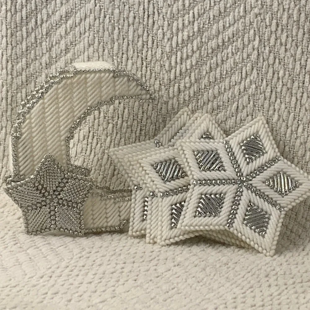 Vintage Coaster Set Celestial Silver Moon Star Snowflake Plastic Canvas Handmade
